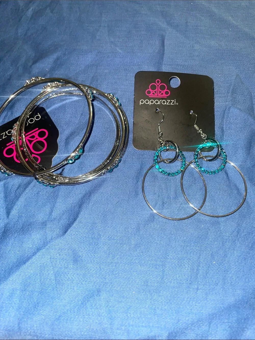 NEW Silver-Tone Hoop Earrings and Bangle Set with Teal Accents